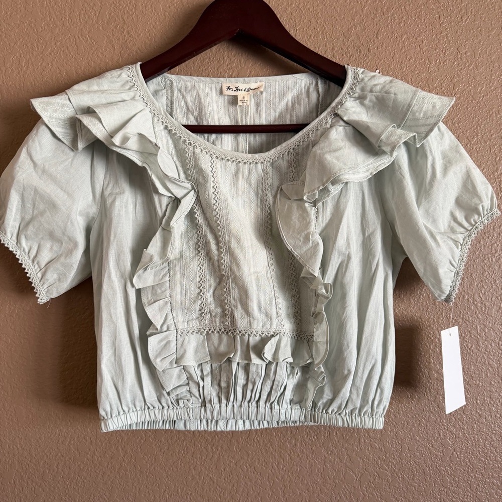 For Love and Lemons Cropped Ruffled Smocked Waist Light Green Top Size Small NWT